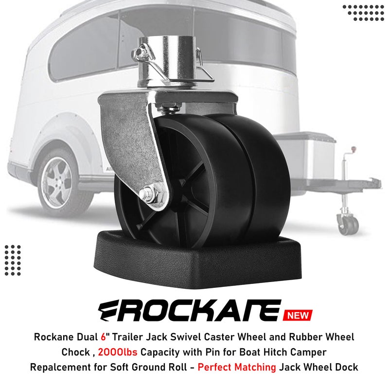 Rockane Dual 6 ' ' Trailer Jack Swivel Caster Wheel Replacement with Rubber Wheel Chock - Image 5